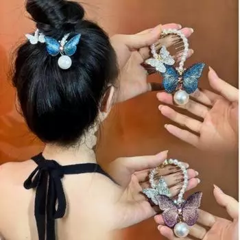 Элегантный темпераментный шарик заколка для волос вышитая вручную бабочка жемчуг конский хвост заколка головной убор ювелирные изделия головная пряжка аксессуары фиолетовый