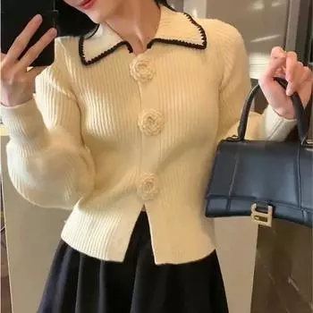 Элегантный темпераментный свитер с пряжкой в виде лепестков, женский кардиган 2023, повседневный однотонный свитер с отложным воротником и длинными рукавами, женский кардиган