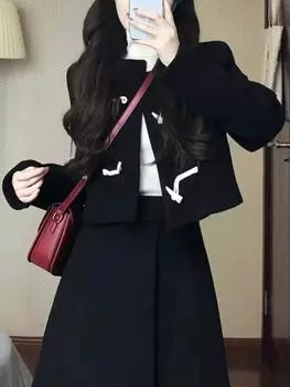 Элегантный теплый комплект из двух предметов в консервативном стиле, женское лоскутное милое пальто, нерегулярная макси-юбка, женский повседневный костюм в стиле кавайный дизайн, новинка 2024 года S чёрный