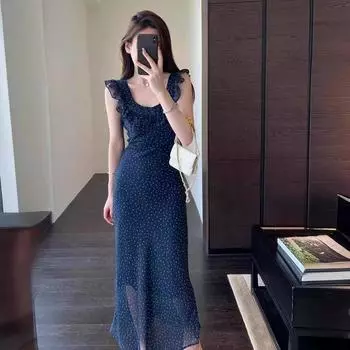 Элегантный тонкий топ с талией, женское платье в горошек, женское повседневное платье, повседневный стиль S