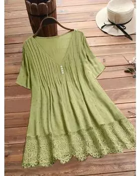 Элегантный топ больших размеров, женская футболка с короткими рукавами и пуговицами с волнистой отделкой и вырезами 1XL зелёный