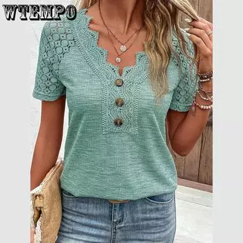 Элегантный топ размера плюс, женская полупрозрачная футболка с v-образным вырезом и пуговицами, кружевная полупрозрачная футболка с короткими рукавами XL зелёный