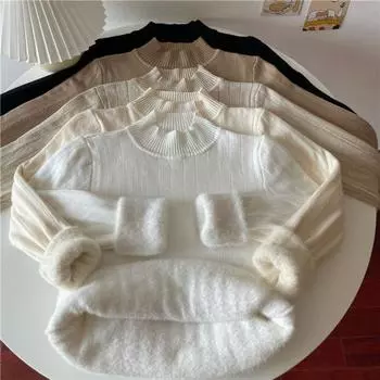 Элегантный трикотаж для женщин, пуловер с бархатной подкладкой, винтажная рубашка с высоким воротом и длинными рукавами, осенне-зимний цельный бархатный облегающий свитер Tide S чёрный