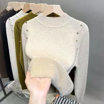 Элегантный трикотаж плюс бархатный пуловер с подкладкой для женщин, винтажная рубашка с высоким воротом и длинными рукавами, повседневный тонкий свитер на осень-зиму, новый S чёрный