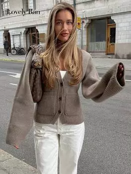 Элегантный универсальный кардиган с v-образным вырезом, женский вязаный однотонный однобортный топ с карманами и длинными рукавами, женский уличный свитер S хаки