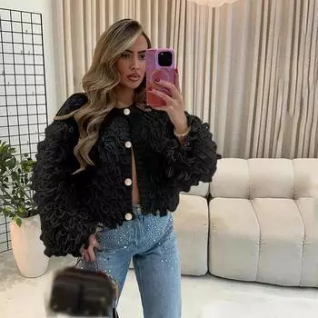 Элегантный вязаный кардиган с кисточками для женщин, однобортный с круглым вырезом и длинным рукавом, короткие свитера 2024 года, осенне-зимняя шикарная женская верхняя одежда S абрикосовый