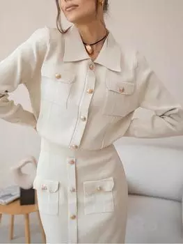 Элегантный вязаный комплект из двух предметов, женский лоскутный винтажный топ на пуговицах, макси-юбка, женский однотонный модный винтажный костюм-свитер, новинка 2024 года S хаки