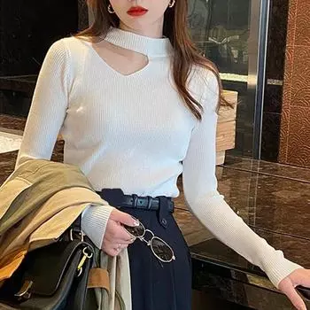 Элегантный вязаный сексуальный осенний свитер, модный полый пуловер, женская одежда с полувысоким воротником, весенние белые топы 23210 One Size чёрный