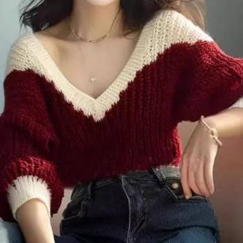 Элегантный вязаный свитер-пуловер для женщин, осенняя новая свободная повседневная зимняя одежда с V-образным вырезом, винтажные трикотажные топы, женские однотонные мягкие теплые джемперы 25203 One Size бордовый