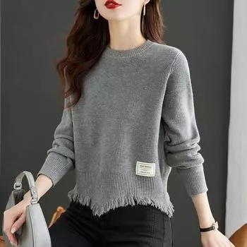 Элегантный вязаный свитер с кисточками для женщин — уютный и теплый, высокоэластичный, однотонный, идеально подходит для зимы S серый