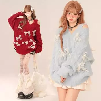 Элегантный вязаный свитер женский зимний утолщенный бант свободный с длинными рукавами повседневный корейский пуловер эстетичный кавайный милый джемпер L чёрный