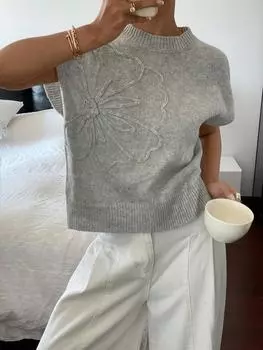 Элегантный вязаный жилет с круглым вырезом и 3D цветочным узором для женской одежды S светло-серый