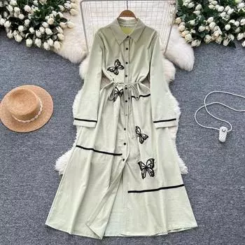 Элегантный вышитый бабочкой воротник-поло винтажный длинный рукав однобортный тонкий А-силуэт длинное платье французская уличная одежда One Size розовый