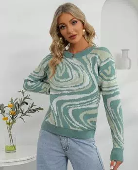 Элегантный зеленый вязаный свитер с принтом тай-дай, пуловеры, женский зимний теплый джемпер в рубчик с длинными рукавами, женский тонкий топ S зелёный