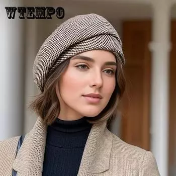 Элегантный женский берет из хлопковой смеси - зимняя шапка в винтажную клетку, легкая, эластичная, жаккардовая ручная работа, бережная стирка ONE SIZE хаки