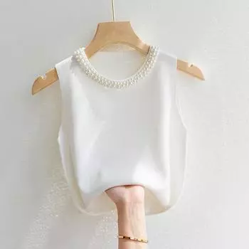 Элегантный женский безрукавный трикотажный жилет с бисером, модный новый повседневный топ, женская нижняя рубашка, майка, трикотажный свитер с бисером 2465 One Size чёрный