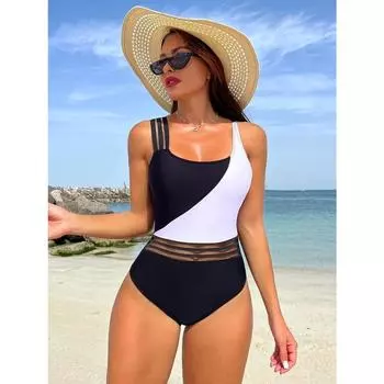 Элегантный женский цельный купальник со съемными подушечками - высокая эластичность, квадратный вырез, сетчатая отделка, можно стирать в стиральной машине S