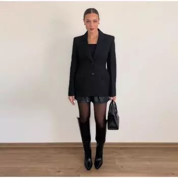 Элегантный женский черный тонкий пиджак, модные подплечники с лацканами и карманами на рукавах, женская куртка 2025 года, весна-осень, новая уличная одежда для офиса и леди XS чёрный