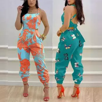 Элегантный женский комбинезон, летний модный сексуальный сексуальный пляжный комбинезон с открытой талией и принтом S оранжевый