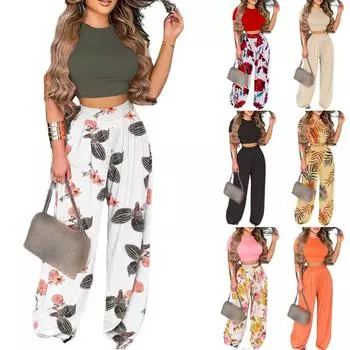 Элегантный женский комплект из двух частей брюк с коротким рукавом и принтом в европейском и американском стиле 2XL