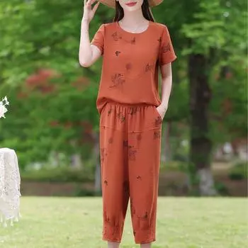 Элегантный женский комплект из двух предметов, летние повседневные брюки, женские винтажные комплекты одежды XL оранжевый