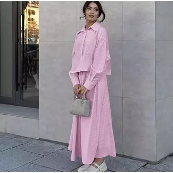 Элегантный женский комплект из двух предметов с розовым полосатым принтом, весна-осень 2025, модная рубашка с длинным рукавом на пуговицах и юбка с высокой талией на завязках S розовый