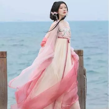 Элегантный женский комплект платьев в стиле династии Тан в китайском стиле Ханфу с вышивкой феи L синий