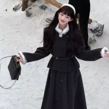 Элегантный женский костюм на осень и зиму, двубортное пальто с шерстяным воротником и плиссированная юбка с высокой талией S чёрный