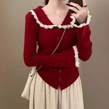 Элегантный женский кружевной вязаный кардиган, свитер, куртка, осень, новая корейская мода, расклешенный длинный рукав, облегающий повседневный трикотажный свитер, женская одежда 2572 One Size розовый