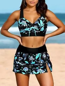 Элегантный женский купальник-бикини большого размера с принтом 2024, сексуальный черный купальник с заниженной талией, комплект из 3 предметов для горячего источника, пляжного отдыха S чёрный