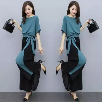 Элегантный женский модный свободный расклешенный костюм из двух предметов, летний, уменьшающий возраст, стиль, координация L синий