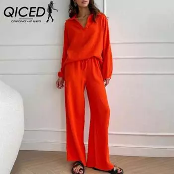 Элегантный женский повседневный свободный костюм, женский топ с длинным рукавом + брюки на шнурке, комплект из двух предметов, осенний комплект из воротника-поло S белый