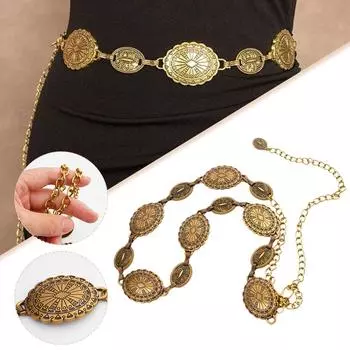 Элегантный женский ремень-цепочка в стиле ковбой — отделка Concho, регулируемый размер, идеально подходит для образов в стиле вестерн, повседневных и нарядных образов серебряный