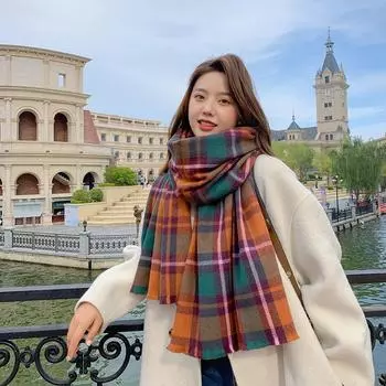 Элегантный женский шарф из искусственного кашемира, разноцветная клетчатая студенческая повседневная зимняя теплая женская толстая одеяла, длинная шаль с запахом One Size оранжевый