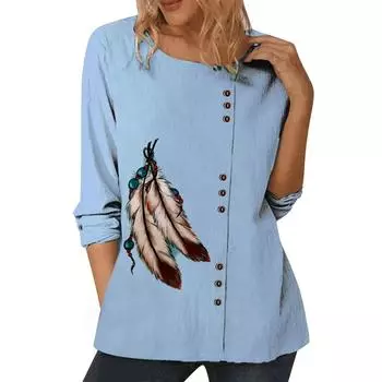 Элегантный женский синий хлопковый топ с круглым вырезом, длинными рукавами и цветочным узором S