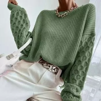 Элегантный женский свитер-пуловер, новый длинный рукав, однотонный, осень-зима, вязаный свитер с круглым вырезом, свободные модные повседневные топы, женская одежда 1155 One Size чёрный