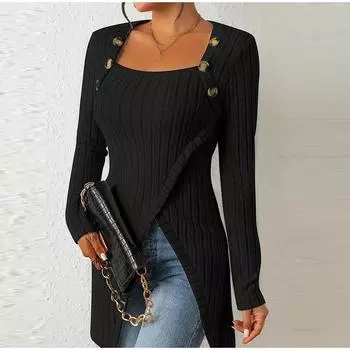 Элегантный женский свитер с длинным рукавом, модный вязаный квадратный воротник с открытыми плечами, повседневный дорожный пуловер на осень-зиму S шоколадный