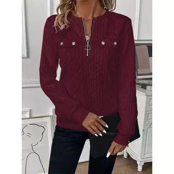Элегантный женский свитшот с длинными рукавами на молнии, с бейсбольным воротником и декоративными карманами - Фактурная кабельная вязка S винный