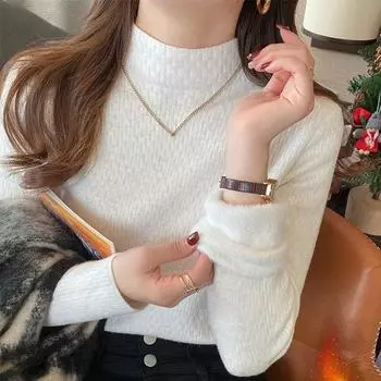 Элегантный женский вязаный свитер с длинным рукавом, полувысокий ворот, однотонный флис, повседневный осенний толстый бархатный зимний свитер, женский тонкий теплый бархатный джемпер 25616 One Size белый