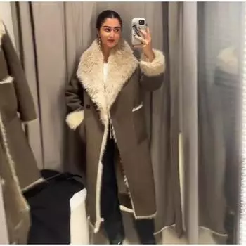 Элегантный женский замшевый флисовый тренчкот с лацканами на одной пуговице, длинный рукав, длинное пальто, зимняя женская двусторонняя верхняя одежда S хаки