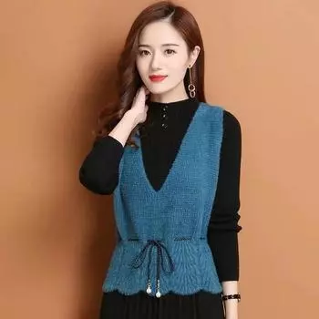 Элегантный жилет из искусственного норкового бархата с V-образным вырезом, женский трикотажный жилет на весну и осень, верхняя одежда S чёрный