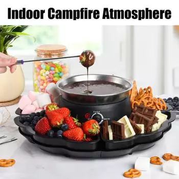 Электрическая 2-в-1 миска для фондю, беспламенный нагреватель с 3-мя регуляторами температуры, набор для приготовления мюсли с палочками для жарки маршмеллоу, настольный комплект для использования в помещении UK чёрный
