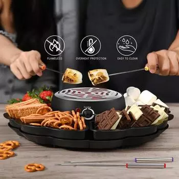 Электрическая 2-в-1 миска для фондю, беспламенный нагреватель с 3-мя регуляторами температуры, набор для приготовления мюсли с палочками для жарки маршмеллоу, настольный комплект для использования в помещении EU чёрный