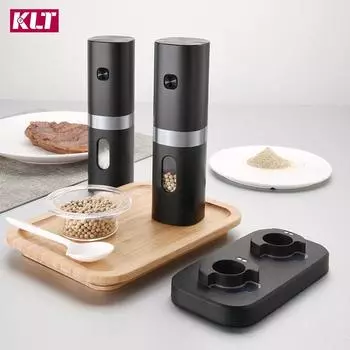 Электрическая автоматическая мельница для соли и перца KLT, многоразовая мельница с перезаряжаемой подставкой, 2 регулируемые мельницы для грубой очистки, светодиодная подсветка чёрный