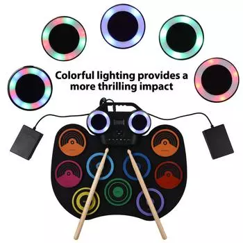 Электрическая барабанная установка Портативный набор барабанных пэдов 9 пэдов Встроенный динамик Светодиодный экран Мониторинг с чёрный