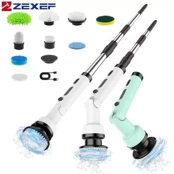 Электрическая беспроводная щетка для чистки Spin Scrubber с 9 сменными насадками, регулируемая ручка для ванной комнаты, напольной плитки, кухни белый