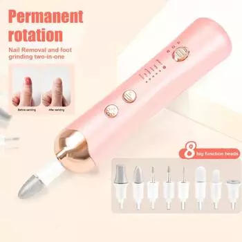 Электрическая дрель для ногтей с 8 сверлами, светодиодная подсветка, режимы зарядки от USB, регулируемая пилочка для ногтей, портативный инструмент для удаления акрилового геля с ногтей розовый