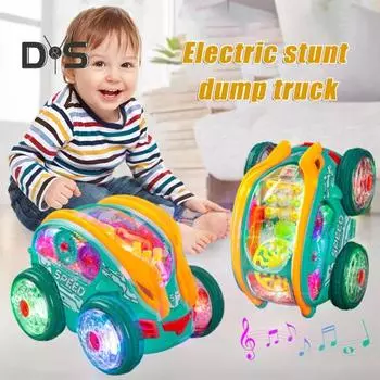 Электрическая игрушка для трюков со светодиодной подсветкой и музыкой, динамичный грузовик с шестеренчатым приводом, вращающийся на 360 градусов, прозрачный светящийся автомобиль, подарок для малышей и мальчиков разноцветный