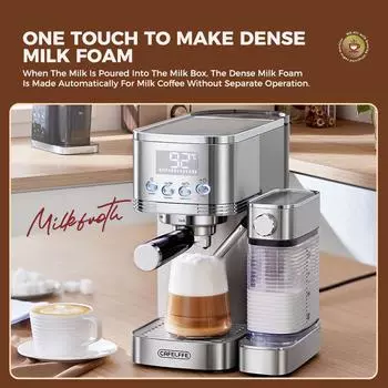 Электрическая кофемашина с системой вспенивания молока, 3 регулируемых температуры, 20 бар, предварительно заваренный кофе EU plug