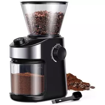 Электрическая кофемолка, 32 степени помола, кофемолка для кофейных зерен, регулируемый электронный таймер на 40 секунд, бытовая кофемолка с кнопкой очистки камеры UK чёрный/серебряный